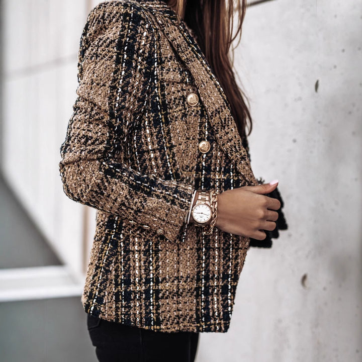 Damen Modischer Tweed-Blazer mit doppelter Knopfleiste und strukturiertem Gewebe Drune