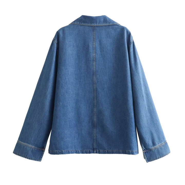 Damen nan oversized Jeanspullover mit offenem V‑Ausschnitt, großer Brusttasche und kastigem Schnitt Drune