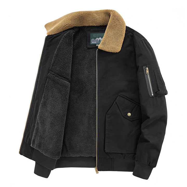 Herren Aviator-Bomberjacke aus Canvas mit Sherpa-Kragen, Teddyfutter und Multifunktionstaschen Drune