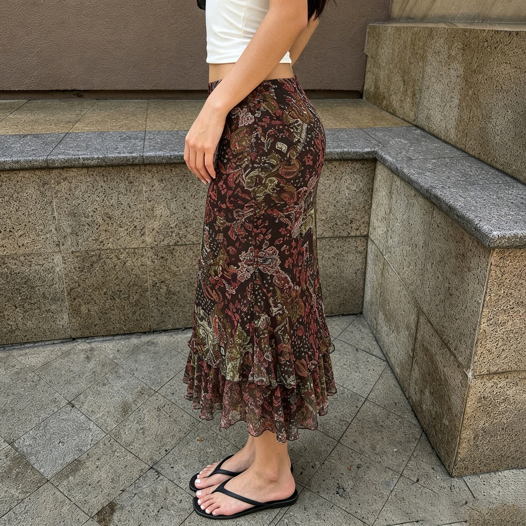 Damen Chiffon-Midirock mit mehrlagigem Volant, Paisley-Print und Zipfelsaum Drune