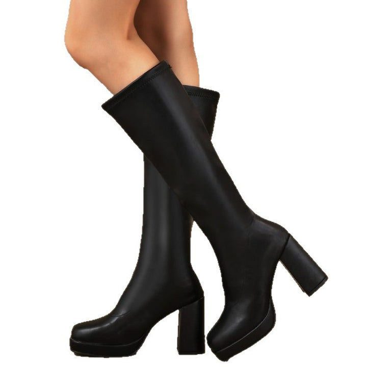 Damen Plateau-Kniestiefel mit klobigem Blockabsatz und Stretchschaft Drune