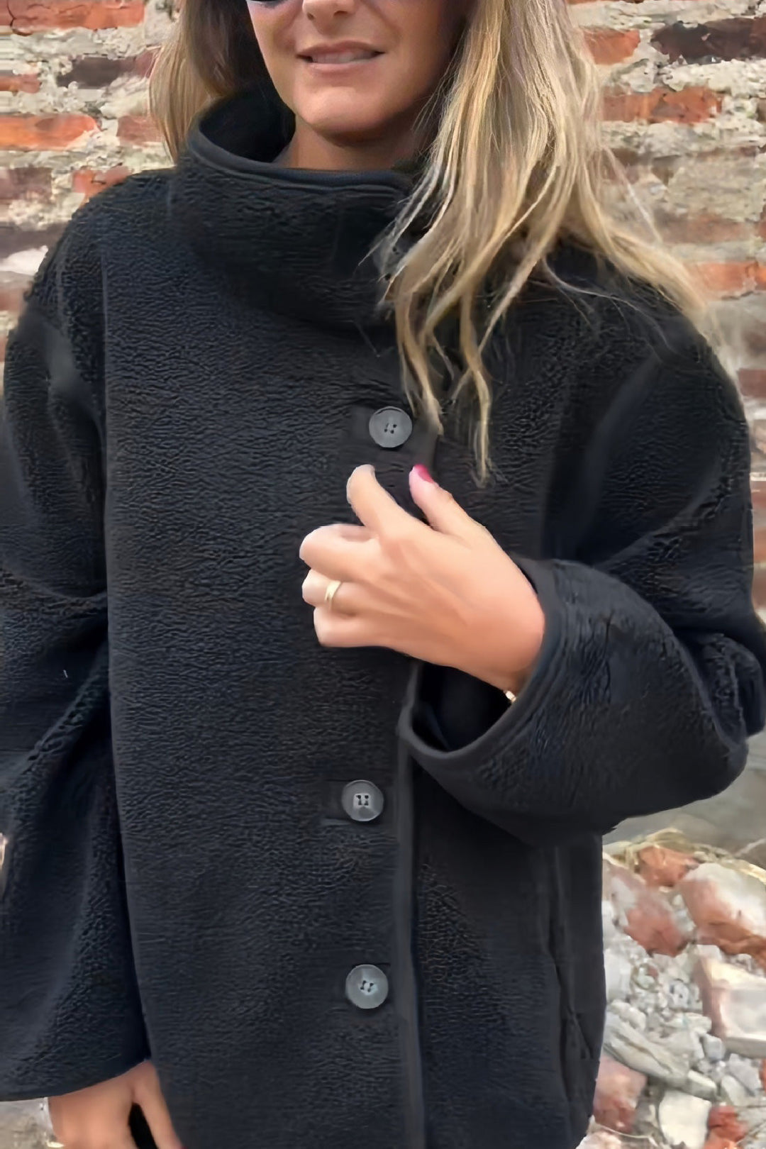 Drune | Unregelmäßige Knopfhals Hohe Kragen Fleecejacke