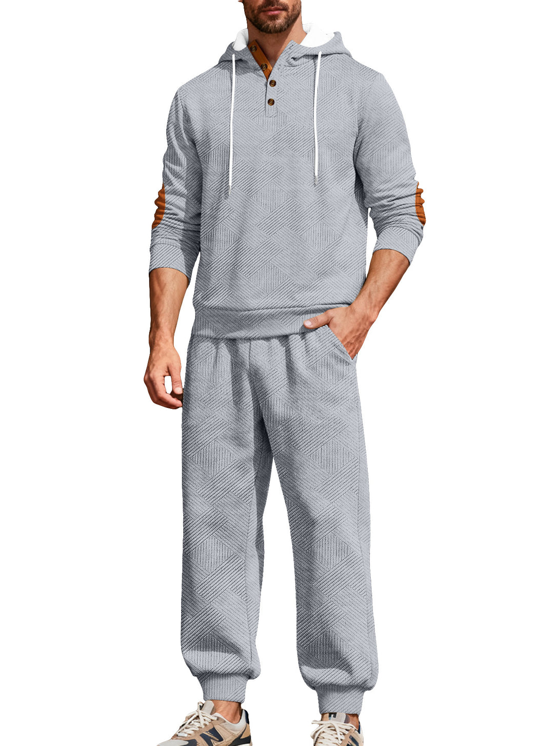 Herren nan strukturiertes Kapuzen-Joggingset mit Henley-Knopfleiste und Kontrast-Ellenbogenpatches Drune