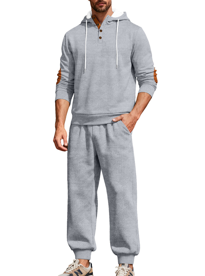 Herren nan strukturiertes Kapuzen-Joggingset mit Henley-Knopfleiste und Kontrast-Ellenbogenpatches Drune