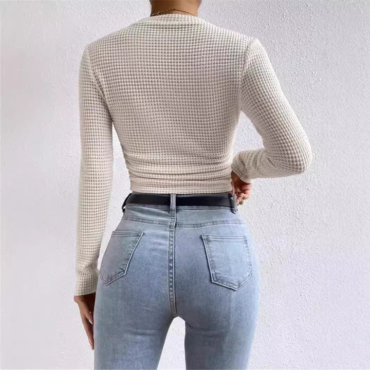 Damen nan tailliertes kurzgeschnittenes Waffelstrickshirt mit Rundhalsausschnitt und figurbetonter Passform Drune