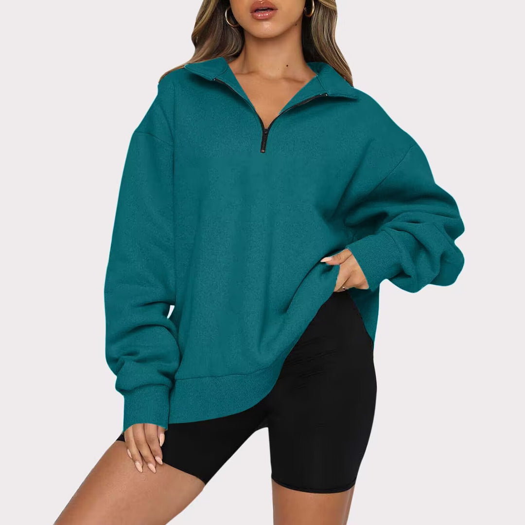 Damen modischer Oversized Pullover mit kurzem Reißverschluss und lässigen Ärmeln Drune