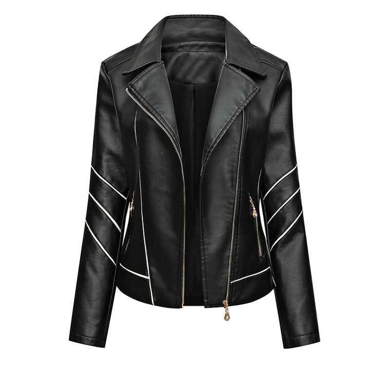 Damen Taillierte Kunstleder‑Bikerjacke mit asymmetrischen Ziernähten und Reißverschlusstaschen Drune