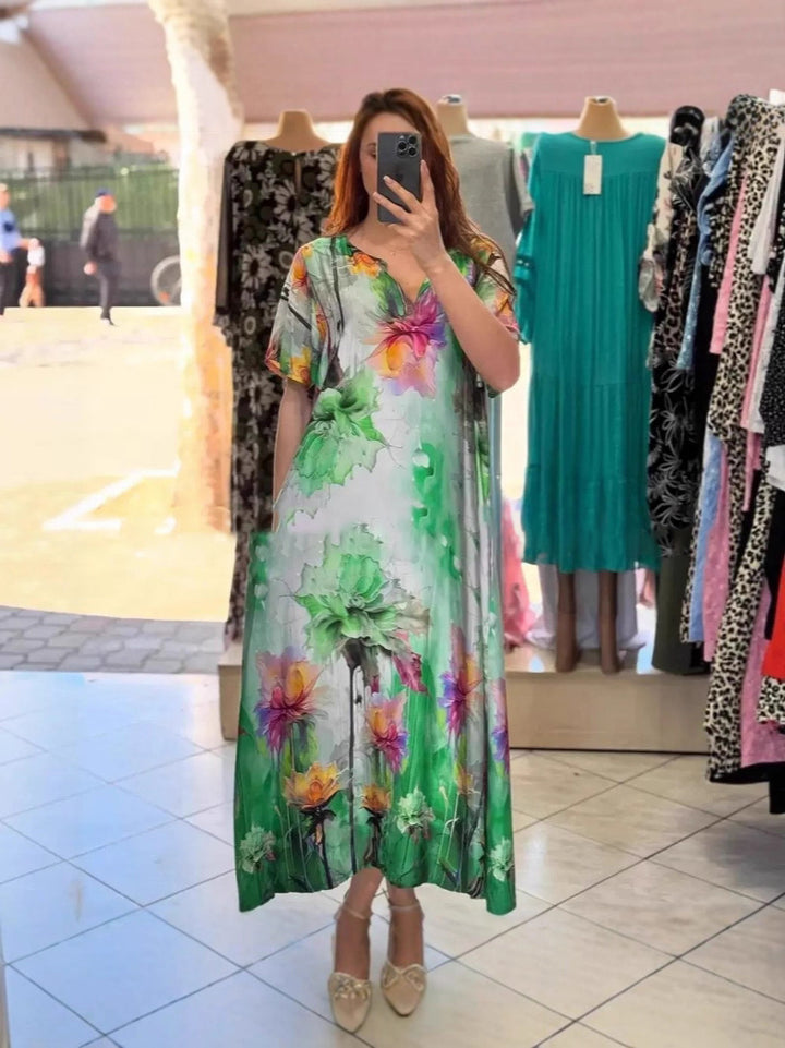 Damen nan fließendes Maxi-Kaftankleid mit V-Ausschnitt und großflächigem Aquarell-Blumenprint Drune