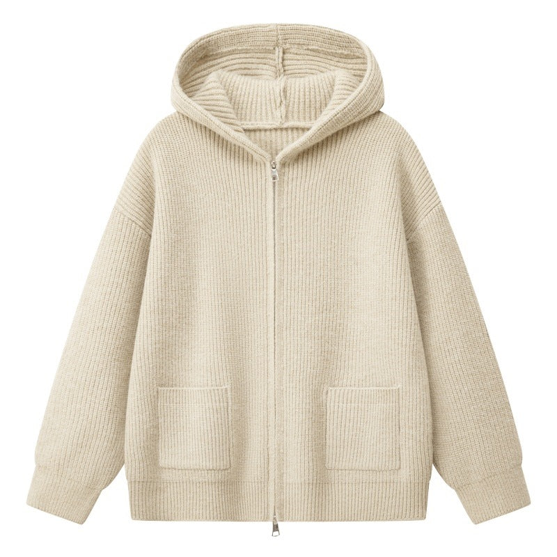 Damen Kuschelige Oversize-Rippstrick-Kapuzenjacke mit Zwei-Wege-Reißverschluss & aufgesetzten Taschen Drune