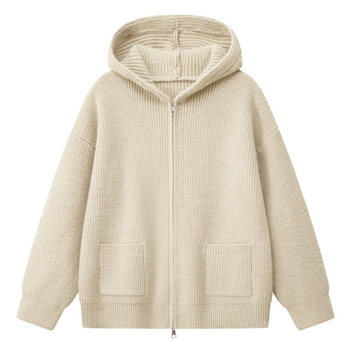 Damen Kuschelige Oversize-Rippstrick-Kapuzenjacke mit Zwei-Wege-Reißverschluss & aufgesetzten Taschen Drune
