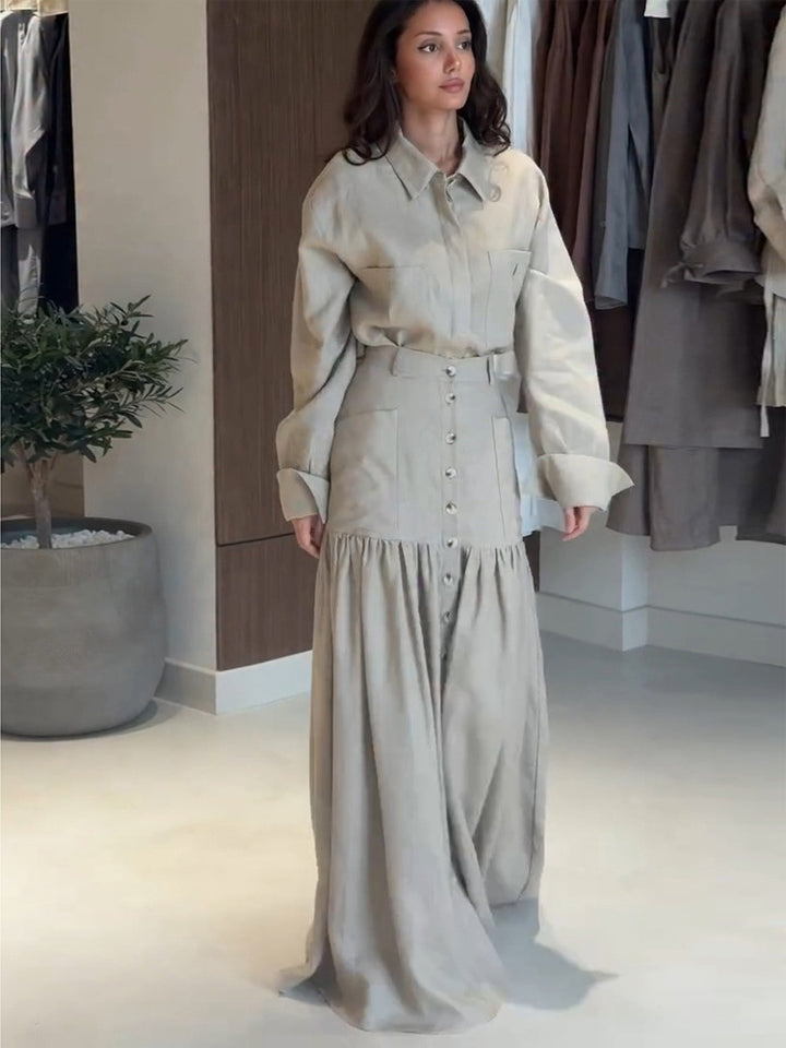 Damen Zweiteiliges Oversize-Hemd und Maxirock-Set mit hoher Taille & durchgehender Knopfleiste Drune