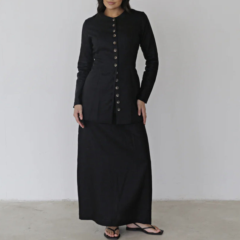 Damen Elegantes und Modisches Langarm-Kleid mit Krawattenverschluss Drune