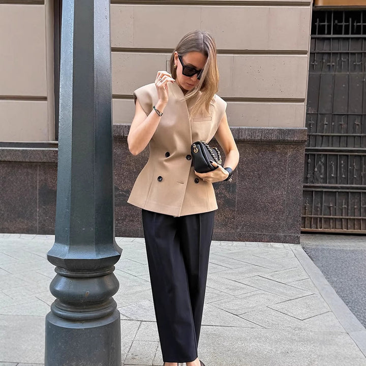 Damen Ärmellose taillierte Blazer-Weste mit doppelter Knopfleiste & strukturierter Schulterpartie Drune
