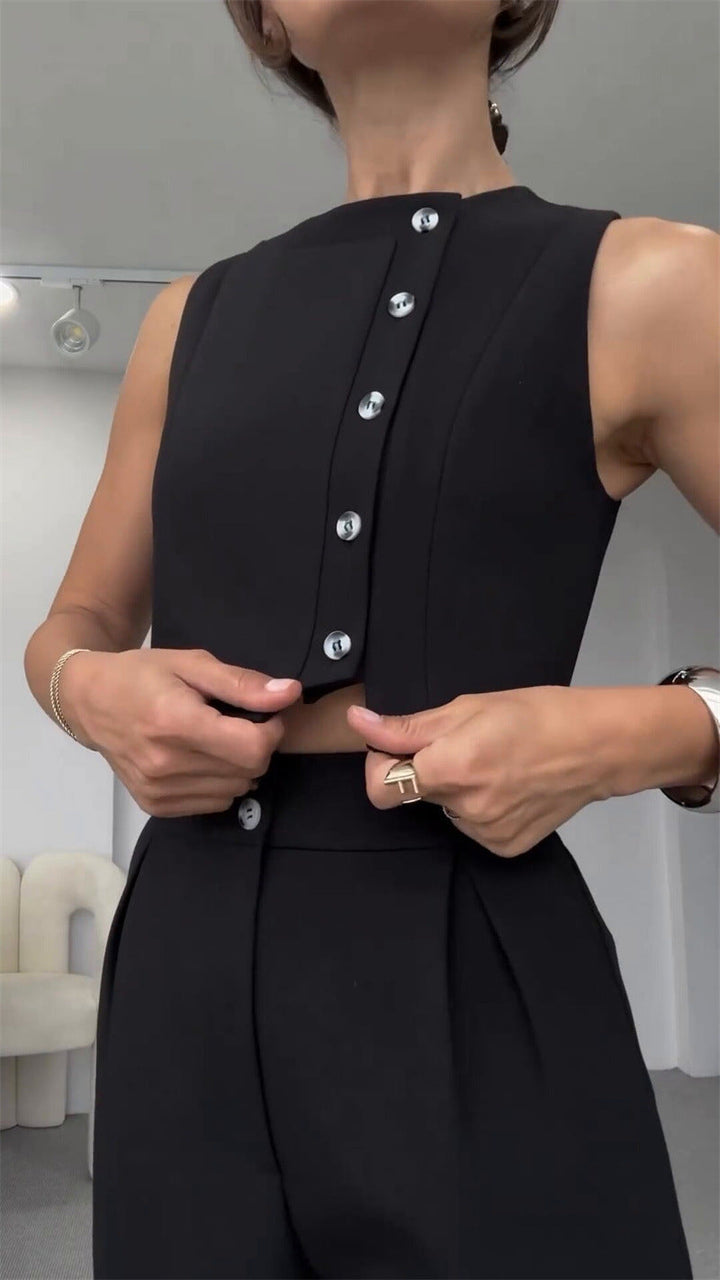 Drune | Ärmelloses Knopf Down Weste Top Hochtaillierte Gekürzte Hose Zwei Teile Satz