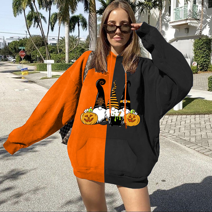 Damen nan Oversize Kapuzenpullover mit geteilter Block‑Optik und Halloween‑Wichtelprint Drune