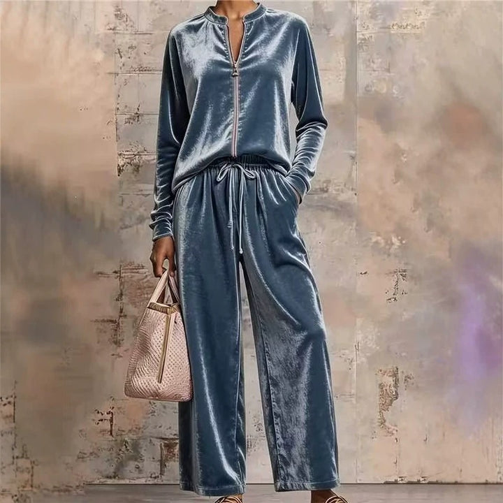 Damen nan samtiges Lounge-Set mit Stehkragen Reißverschlussoberteil und Kordelbundhose Drune