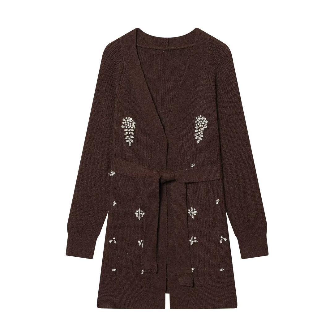 Damen Longcardigan mit Bindegürtel und Schmuckstein‑Applikation Drune