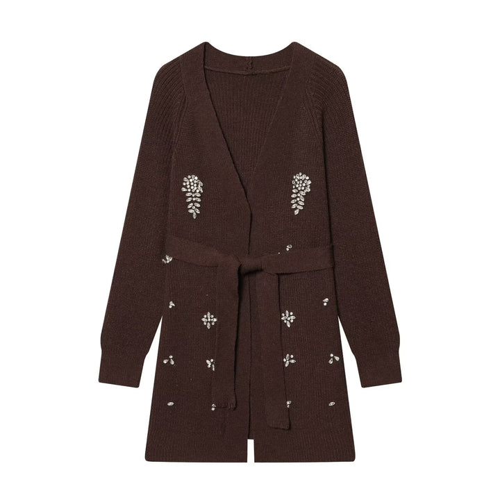 Damen Longcardigan mit Bindegürtel und Schmuckstein‑Applikation Drune