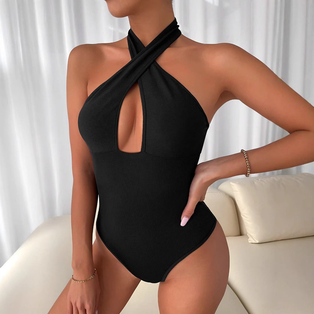 Drune | Cross Hollow Out Halter Bodysuit