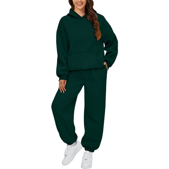 Damen nan gemütliches French-Terry Loungewear-Set mit doppellagiger Kapuze, Kängurutasche und elastischem Knöchel-Jogger Drune
