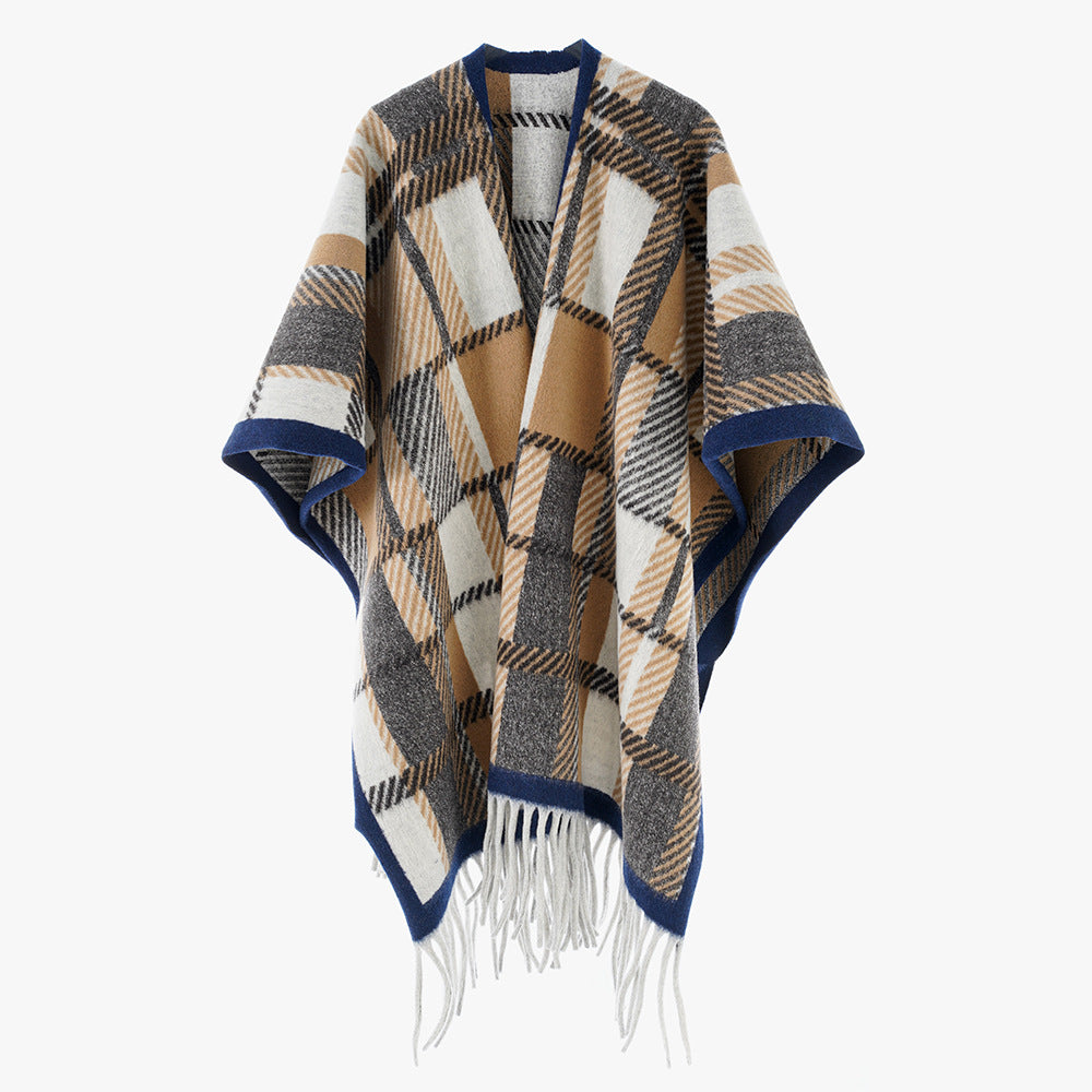Damen Oversize-Wollmix-Poncho mit Karomuster und Fransensaum Drune
