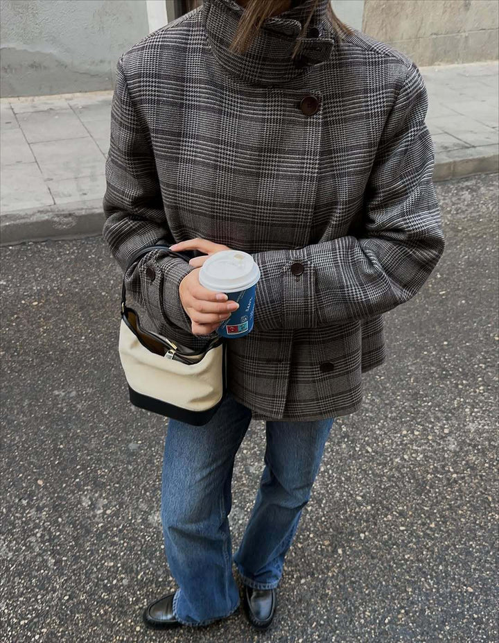 Damen Kariertes Oversized-Jacke mit hohem Kragen Drune