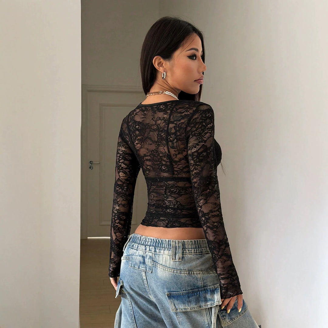 Damen nan tailliertes transparentes Spitzen-Longsleeve mit floralem Ajourmuster und Stretch Drune