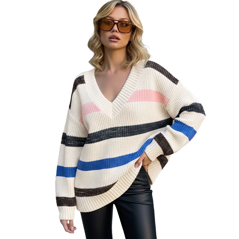 Damen Modischer Strickpullover mit V-Ausschnitt und Querstreifen Drune
