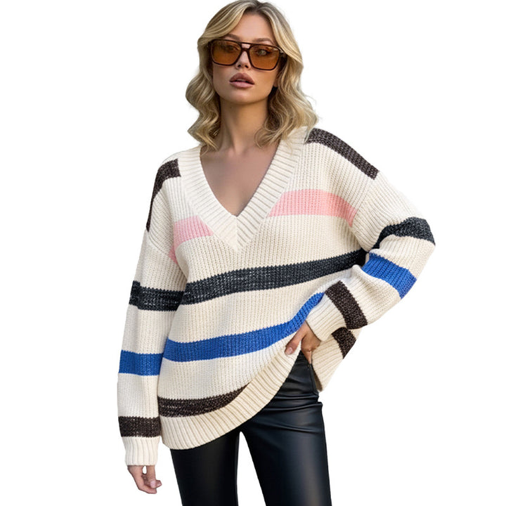 Damen Modischer Strickpullover mit V-Ausschnitt und Querstreifen Drune