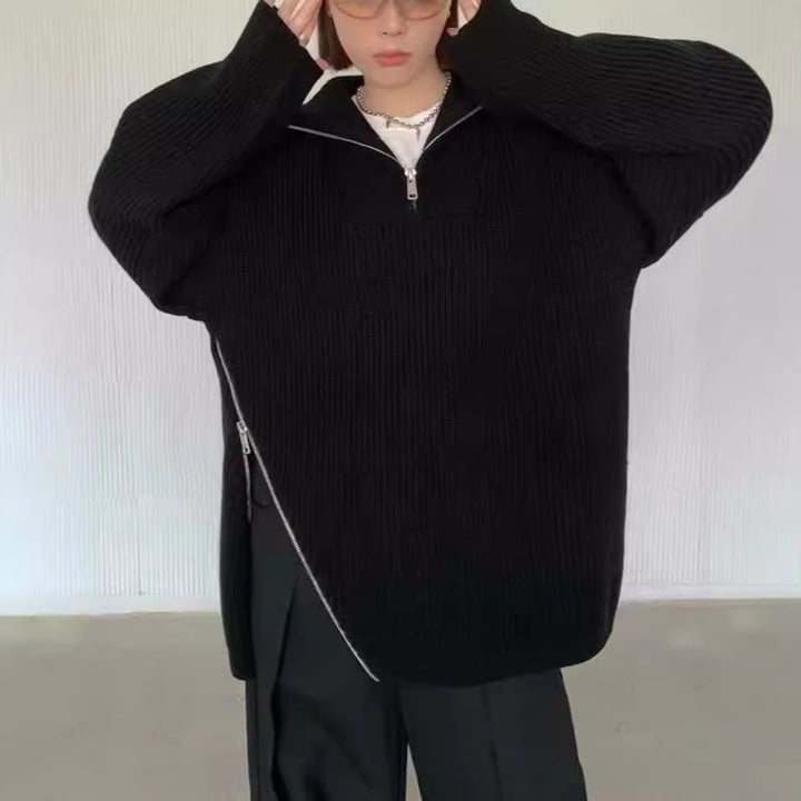 Damen Oversized Strickpullover mit Reißverschluss und seitlichen Schlitzen Drune