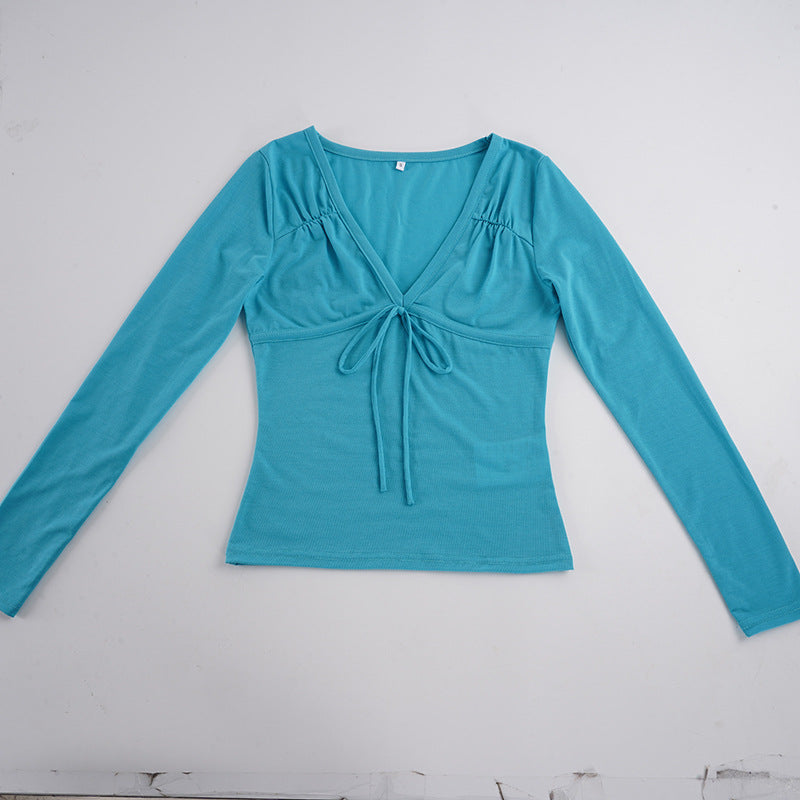 Damen Tailliertes Langarmshirt mit V-Ausschnitt, Zierknoten und geraffter Schulter Drune
