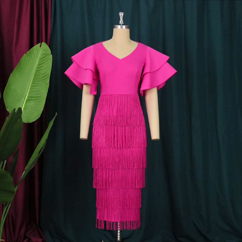 Damen Fransen Maxikleid mit voluminösen Rüschensäumen Drune