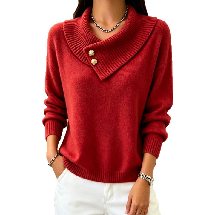 Damen Feinstrick-Pullover mit überlappendem Schalkragen und Zierknöpfen Drune