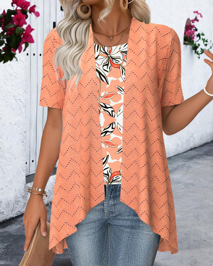 Damen nan Ajourstrick-Cardigan mit asymmetrischem Zipfelsaum und kurzen Ärmeln Drune