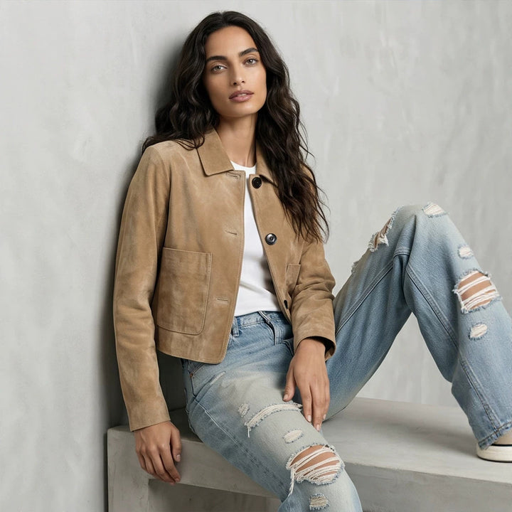 Damen Kurze Velourslederjacke im Clean-Cut mit aufgesetzten Taschen Drune