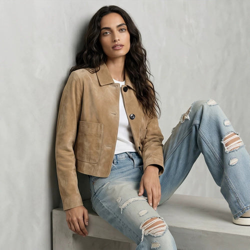 Damen Kurze Velourslederjacke im Clean-Cut mit aufgesetzten Taschen Drune