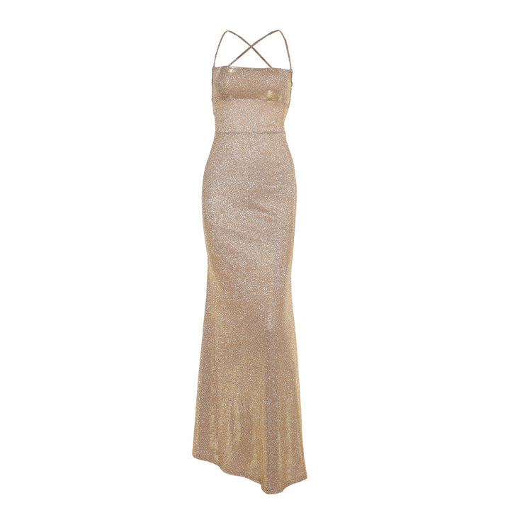 Damen figurbetontes Glitzer-Maxikleid mit Spaghettiträgern und seitlichen Raffungselementen Drune
