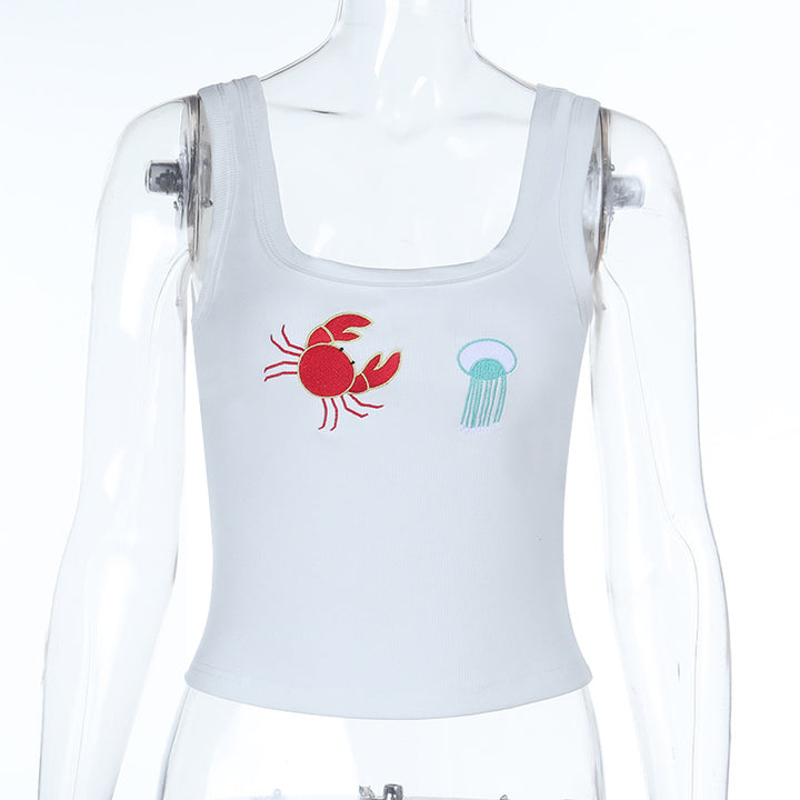 Damen Crop-Top mit maritimen Stickereien Drune