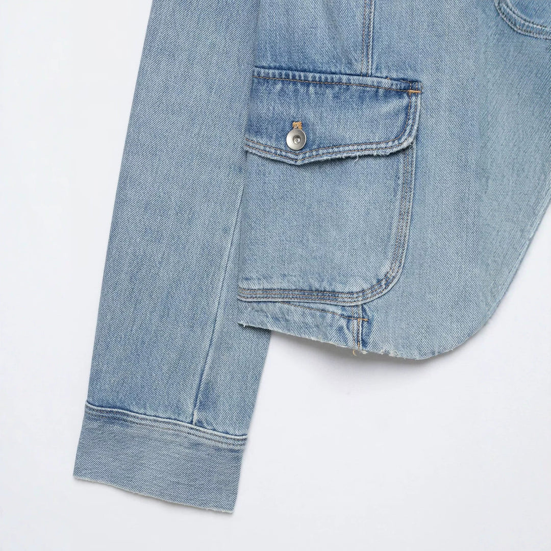 Damen Boxy-Denimjacke im Safari‑Look mit Stehkragen und vier aufgesetzten Taschen Drune