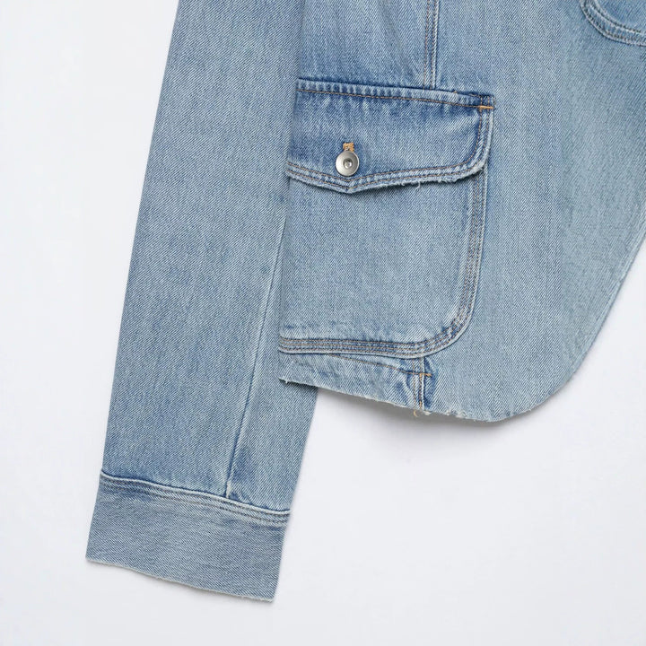 Damen Boxy-Denimjacke im Safari‑Look mit Stehkragen und vier aufgesetzten Taschen Drune