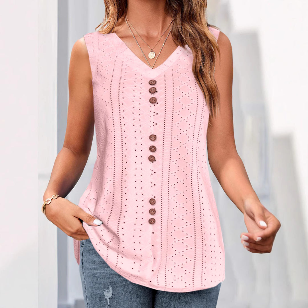 Damen nan ärmelloses Broderie-Anglaise-Top mit V-Ausschnitt und dekorativer Zierknopfleiste Drune