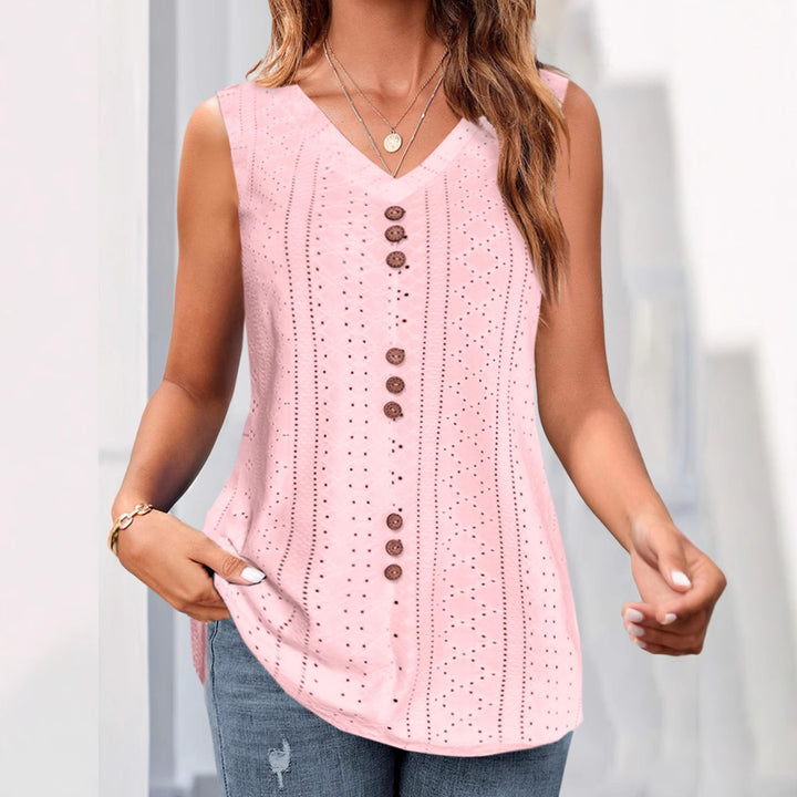 Damen nan ärmelloses Broderie-Anglaise-Top mit V-Ausschnitt und dekorativer Zierknopfleiste Drune
