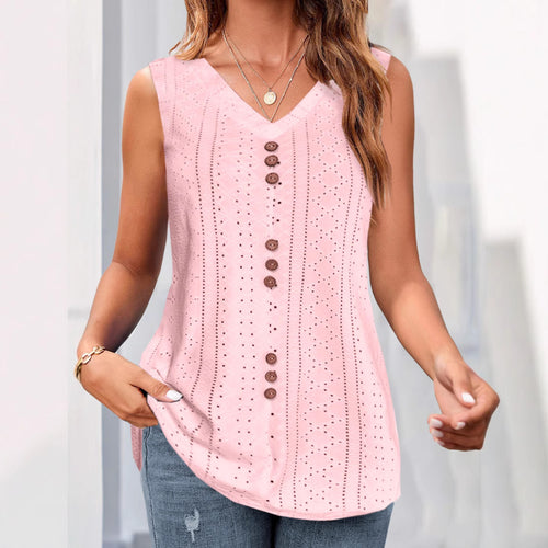 Damen nan ärmelloses Broderie-Anglaise-Top mit V-Ausschnitt und dekorativer Zierknopfleiste Drune