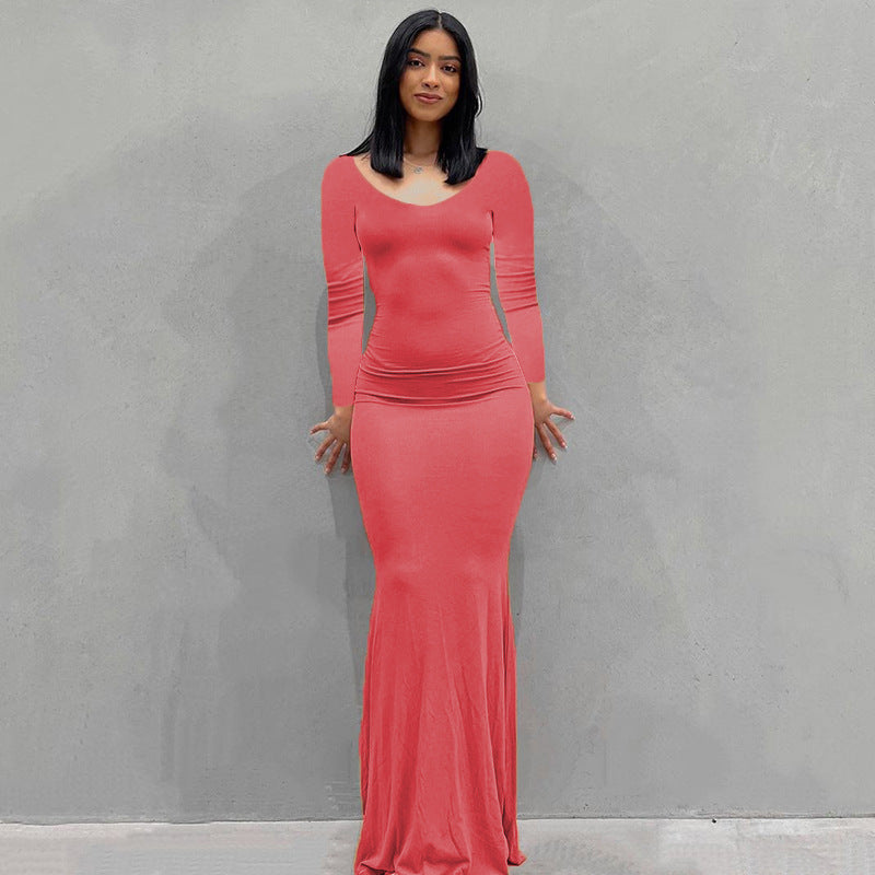 Damen Körperbetontes Maxi‑Jerseykleid mit taillierter Drapierung, langen Ärmeln und ausgestelltem Saum Drune