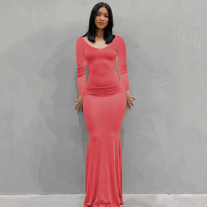 Damen Körperbetontes Maxi‑Jerseykleid mit taillierter Drapierung, langen Ärmeln und ausgestelltem Saum Drune