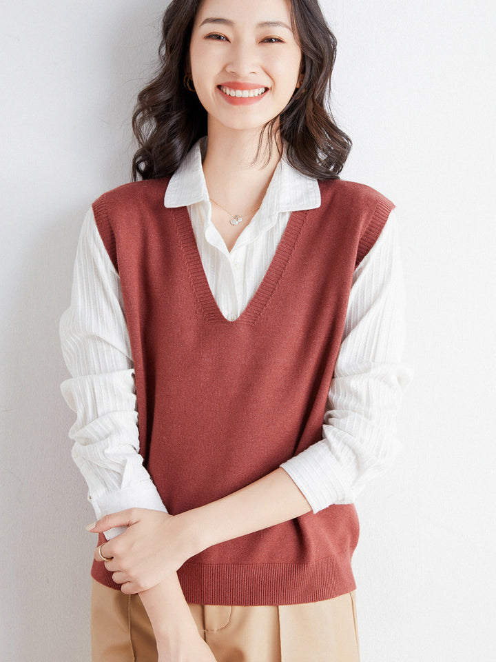 Damen Oversize V-Ausschnitt Feinstrickweste mit Rippenbund Drune