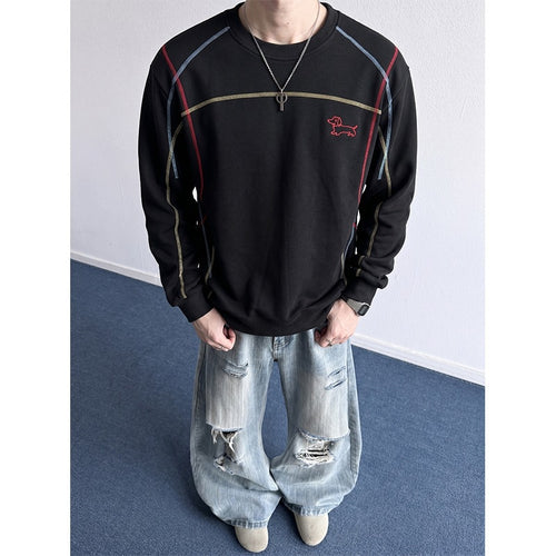 Herren Sweatshirt mit farbiger Ziernaht, gesticktem Hundemotiv und Rundhalsausschnitt Drune