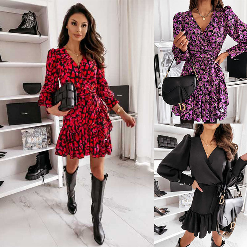 Damen Wickel‑Minikleid mit Balloonärmeln, Taillengürtel & Ziermanschetten Drune