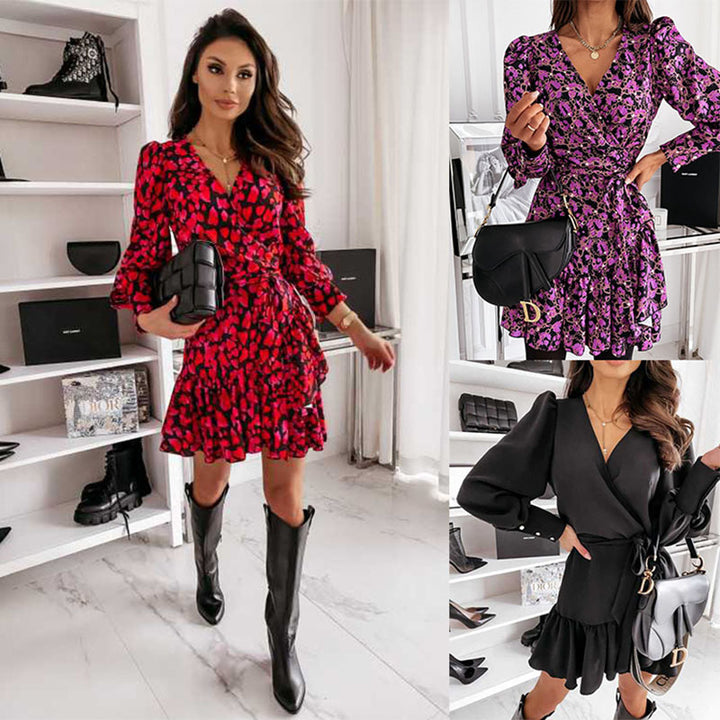 Damen Wickel‑Minikleid mit Balloonärmeln, Taillengürtel & Ziermanschetten Drune