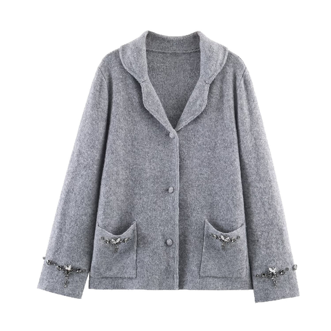 Damen Kurzer Wollmix-Cardigan-Mantel mit Schalkragen und Schmucksteinapplikationen Drune